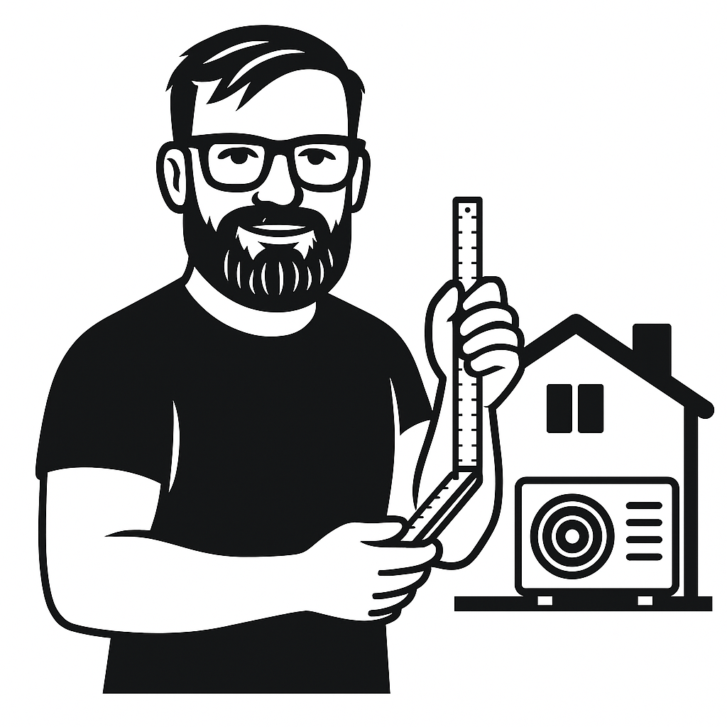 Der Sachverständige misst die Abstände zu einer Wärmepumpe