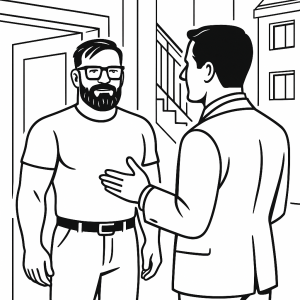 Zeichnung vom Sachverständen und Energieberater Ferdinand Schurz mit einem Kunden bei der Besprechung der Förderprogramme